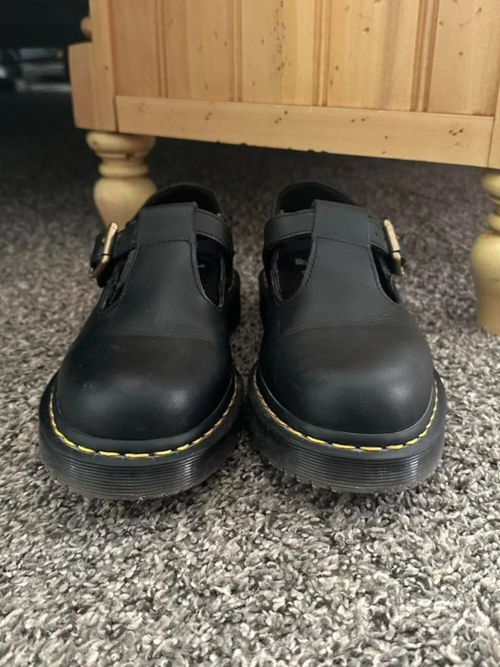 Dr. Martens Black Leather Mary Janes with Yellow Stitching
